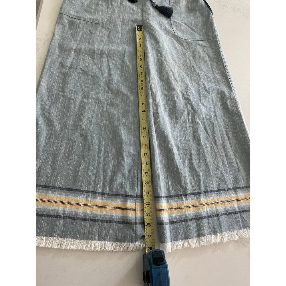 Womens Blue Striped Cropped Pants Elastic Waist Drawstring Tassel Frayed Hem - Picture 8 of 10